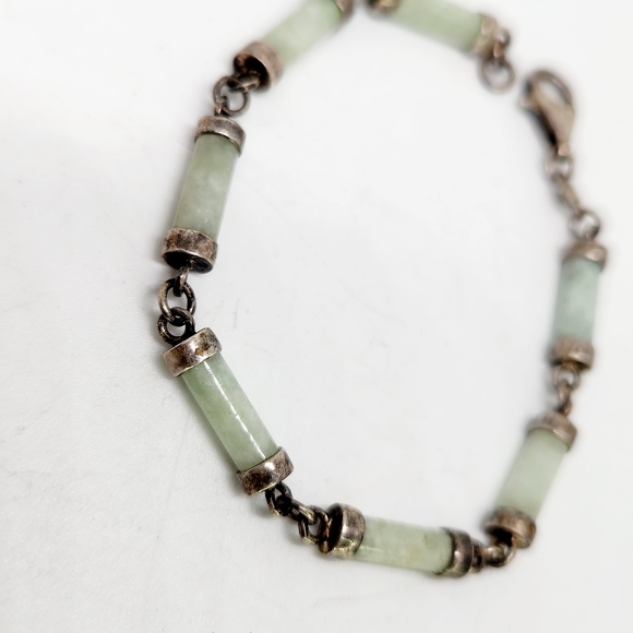 Vintage 925 Sterling Silver Jade Barrel Bead Panel Bar Link Dainty Bracelet 7\